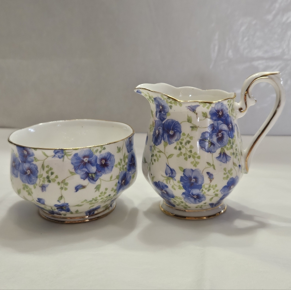 Cream and Sugar in "Blue Pansy Chintz" by Royal Albert.
